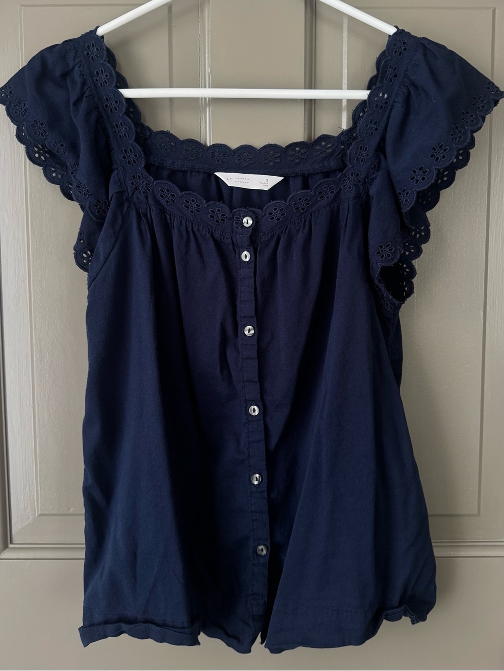 LC Lauren Conrad Navy Eyelet Button-Front Off-Shoulder Top